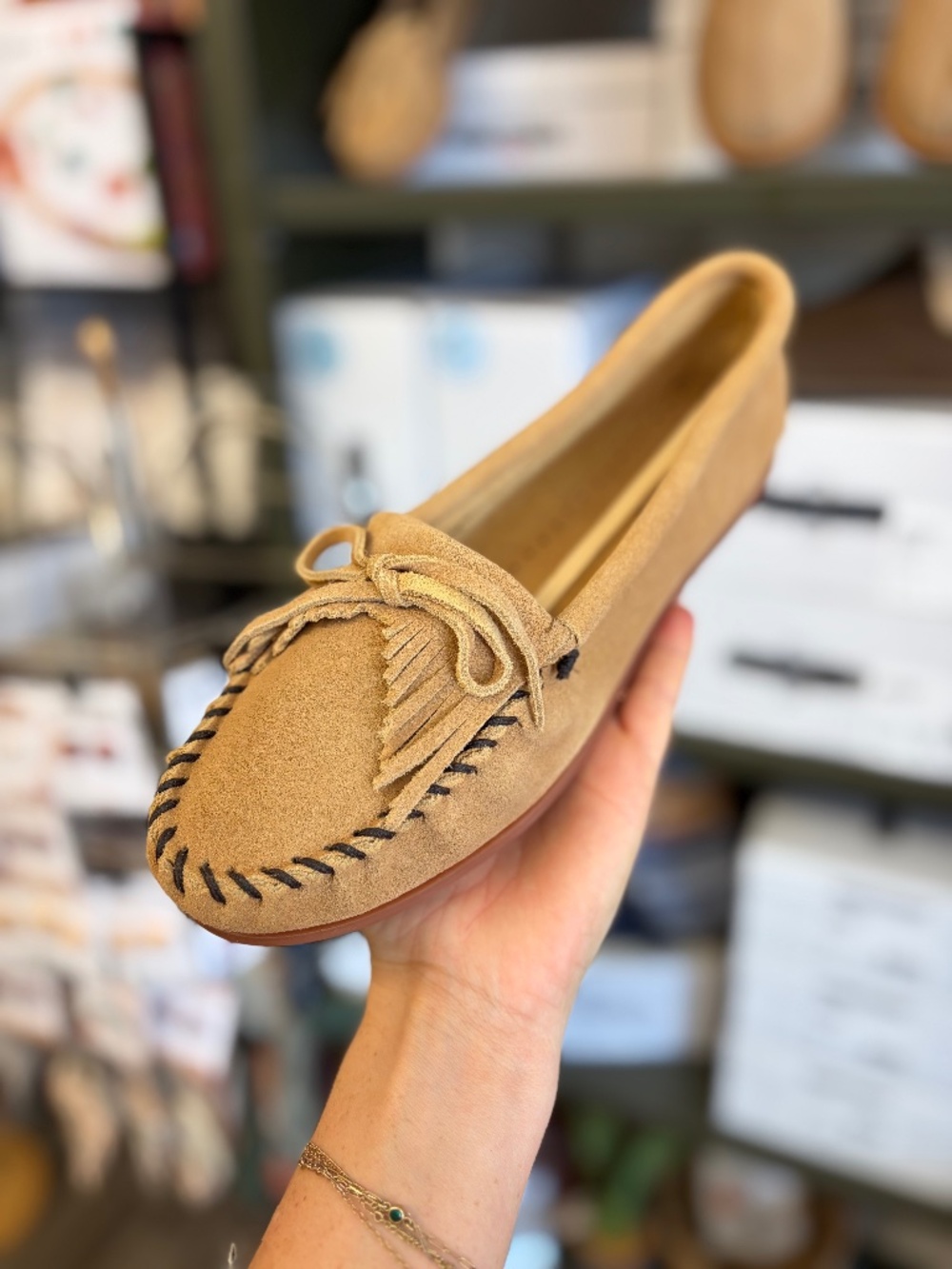 Minnetonka Taupe Kilty Moccasin